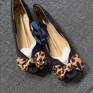 Janie and Jack Black Flats with Leopard Bow